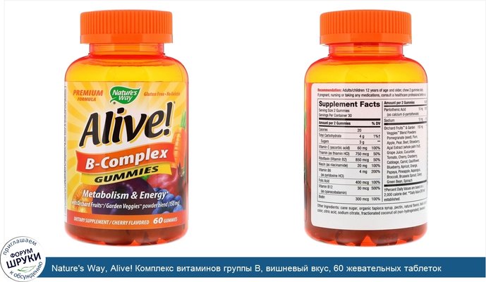 Nature\'s Way, Alive! Комплекс витаминов группы В, вишневый вкус, 60 жевательных таблеток