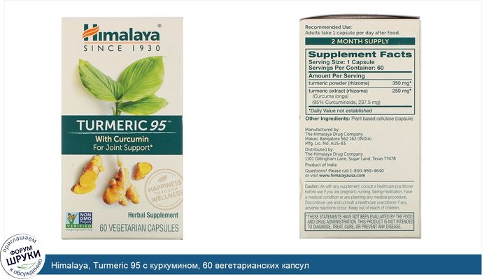 Himalaya, Turmeric 95 с куркумином, 60 вегетарианских капсул