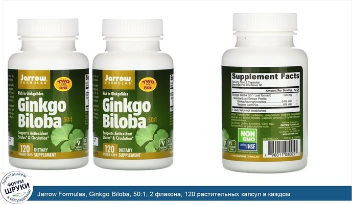 Jarrow Formulas, Ginkgo Biloba, 50:1, 2 флакона, 120 растительных капсул в каждом