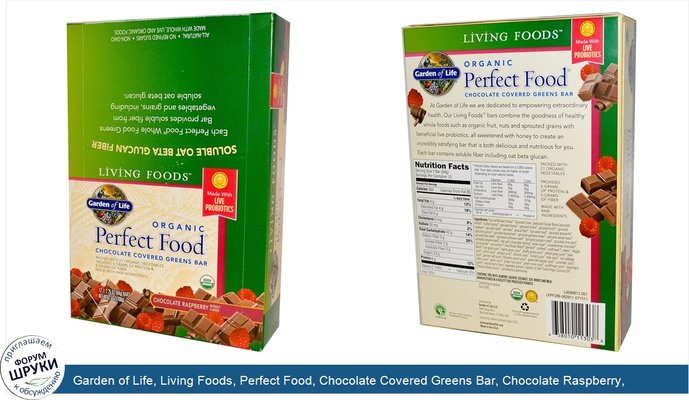 Garden of Life, Living Foods, Perfect Food, Chocolate Covered Greens Bar, Chocolate Raspberry, 12 Bars, 2.25 oz (64 g) Each
