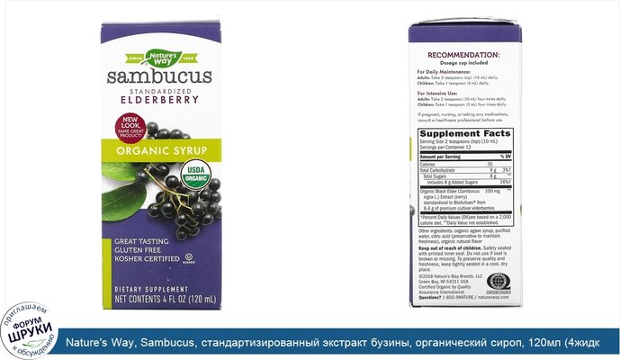 Nature\'s Way, Sambucus, стандартизированный экстракт бузины, органический сироп, 120мл (4жидк.унции)