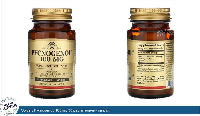 Solgar, Pycnogenol, 100 мг, 30 растительных капсул