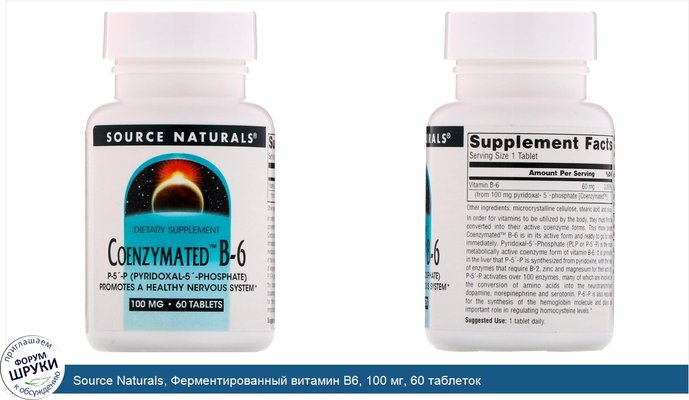 Source Naturals, Ферментированный витамин B6, 100 мг, 60 таблеток