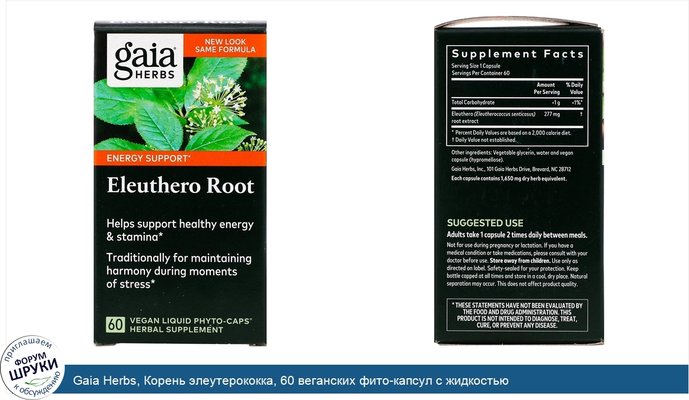 Gaia Herbs, Корень элеутерококка, 60 веганских фито-капсул с жидкостью
