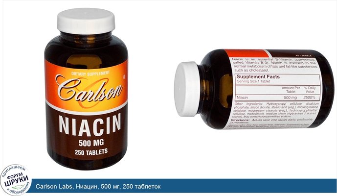 Carlson Labs, Ниацин, 500 мг, 250 таблеток