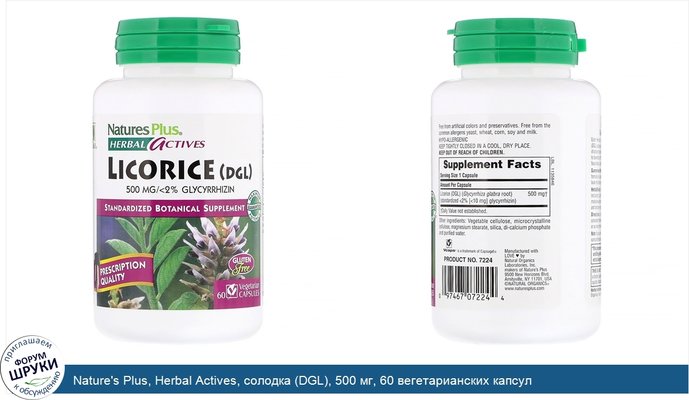 Nature\'s Plus, Herbal Actives, солодка (DGL), 500 мг, 60 вегетарианских капсул
