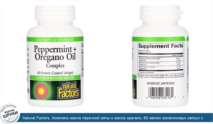 Natural Factors, Комплекс масла перечной мяты и масла орегано, 60 мягких желатиновых капсул с кишечнорастворимой оболочкой