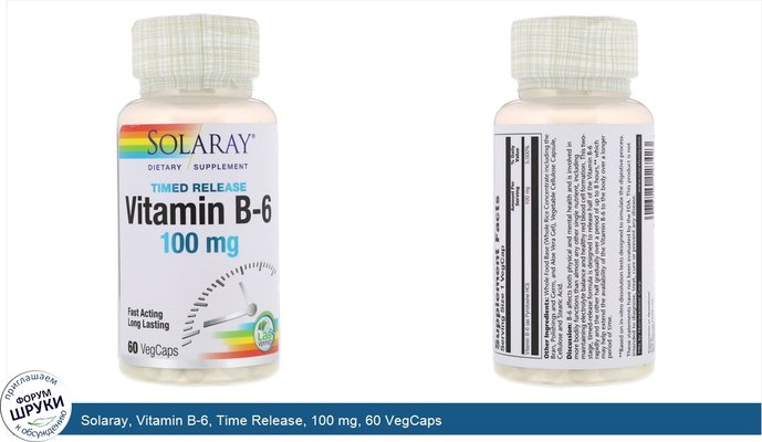 Solaray, Vitamin B-6, Time Release, 100 mg, 60 VegCaps
