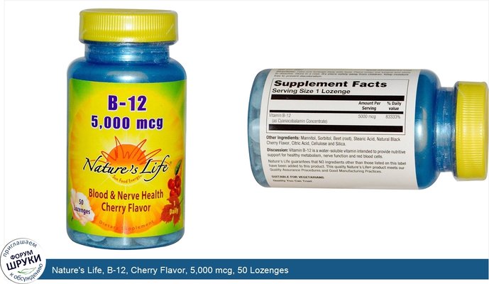 Nature\'s Life, B-12, Cherry Flavor, 5,000 mcg, 50 Lozenges