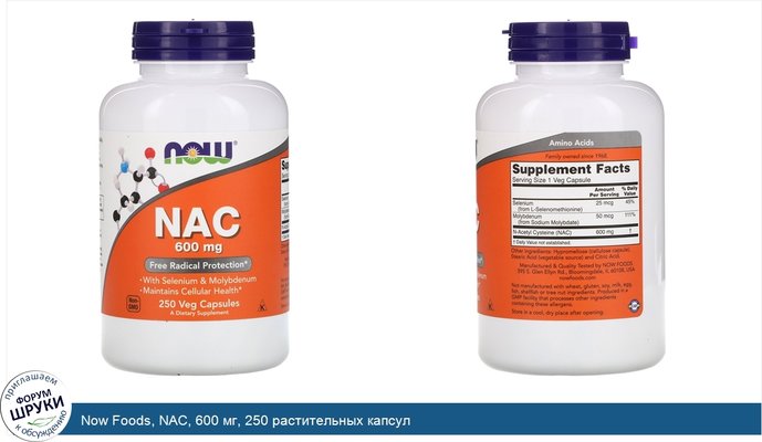 Now Foods, NAC, 600 мг, 250 растительных капсул