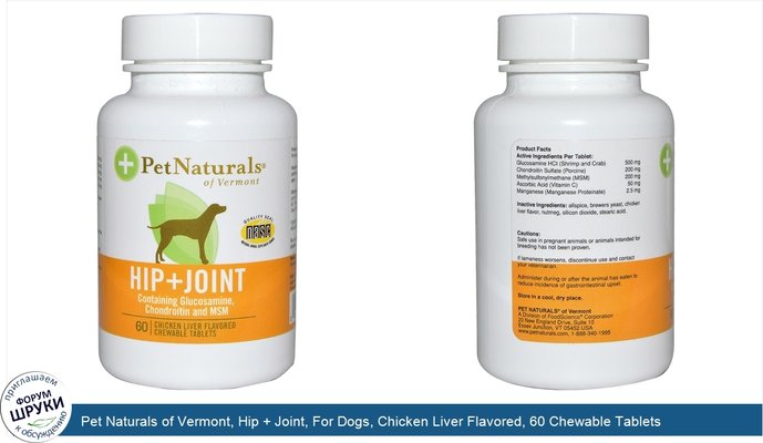 Pet Naturals of Vermont, Hip + Joint, For Dogs, Chicken Liver Flavored, 60 Chewable Tablets