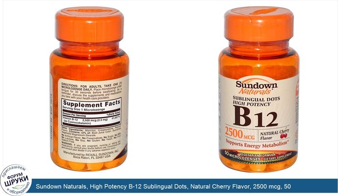 Sundown Naturals, High Potency B-12 Sublingual Dots, Natural Cherry Flavor, 2500 mcg, 50 Microlozenges