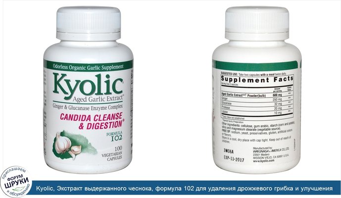 Kyolic, Экстракт выдержанного чеснока, формула 102 для удаления дрожжевого грибка и улучшения пищеварения, 100 растительных капсул