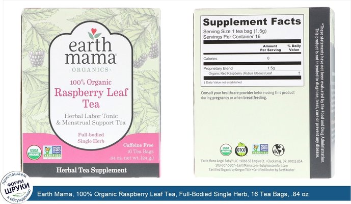 Earth Mama, 100% Organic Raspberry Leaf Tea, Full-Bodied Single Herb, 16 Tea Bags, .84 oz (24 g)