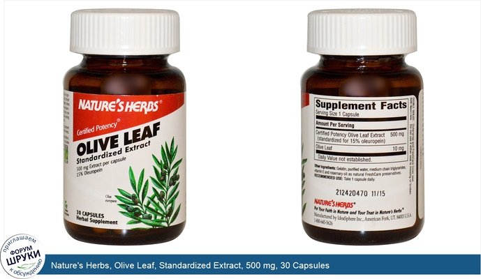 Nature\'s Herbs, Olive Leaf, Standardized Extract, 500 mg, 30 Capsules