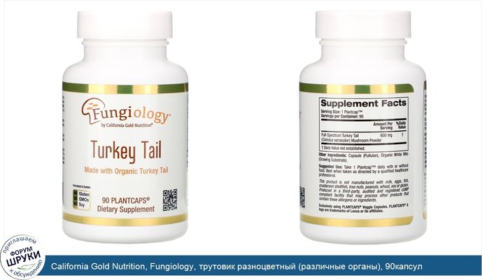 California Gold Nutrition, Fungiology, трутовик разноцветный (различные органы), 90капсул Plantcap