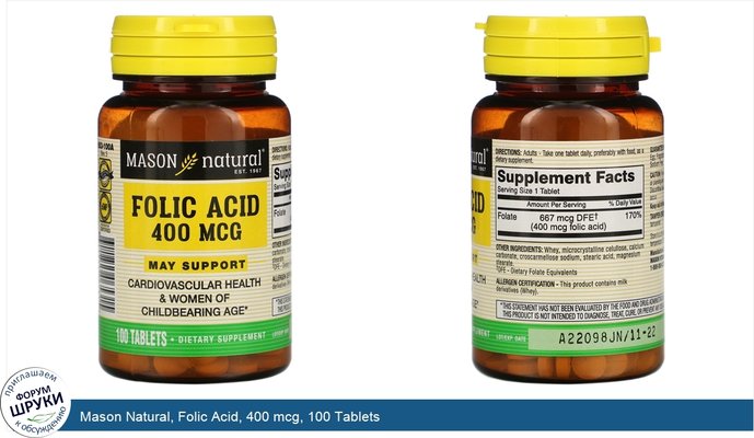 Mason Natural, Folic Acid, 400 mcg, 100 Tablets