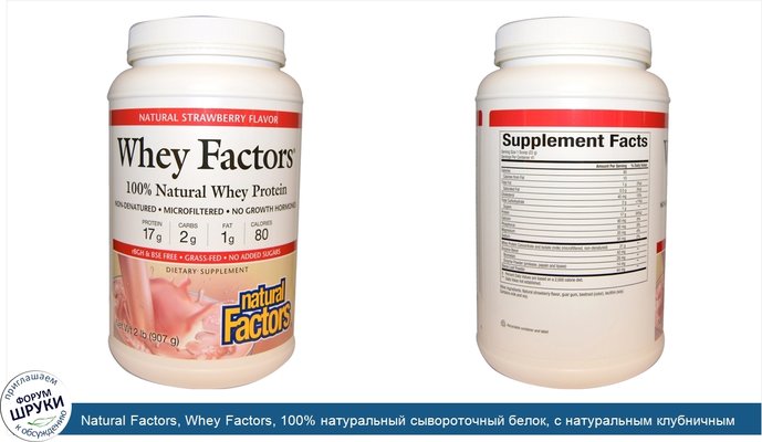 Natural Factors, Whey Factors, 100% натуральный сывороточный белок, с натуральным клубничным вкусом, 2 фунта (907 г)
