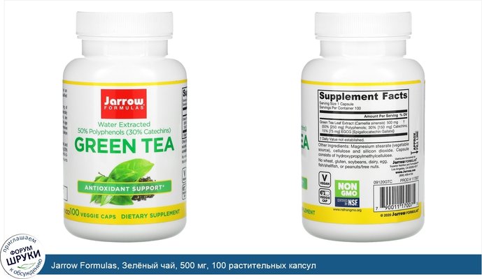 Jarrow Formulas, Зелёный чай, 500 мг, 100 растительных капсул