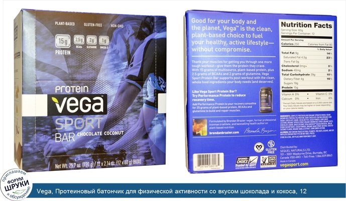 Vega, Протеиновый батончик для физической активности со вкусом шоколада и кокоса, 12 батончиков по 2,14 унций (60 г)