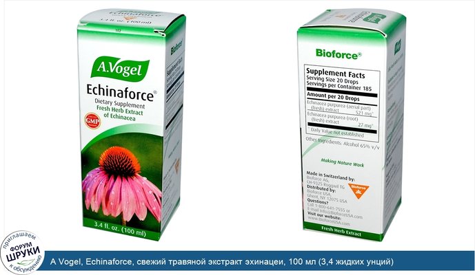 A Vogel, Echinaforce, свежий травяной экстракт эхинацеи, 100 мл (3,4 жидких унций)