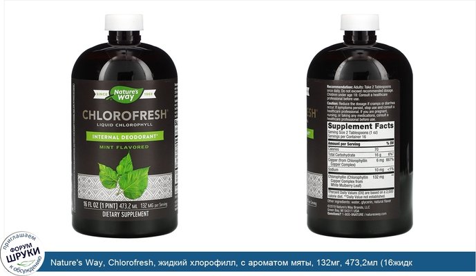 Nature\'s Way, Chlorofresh, жидкий хлорофилл, с ароматом мяты, 132мг, 473,2мл (16жидк.унции)