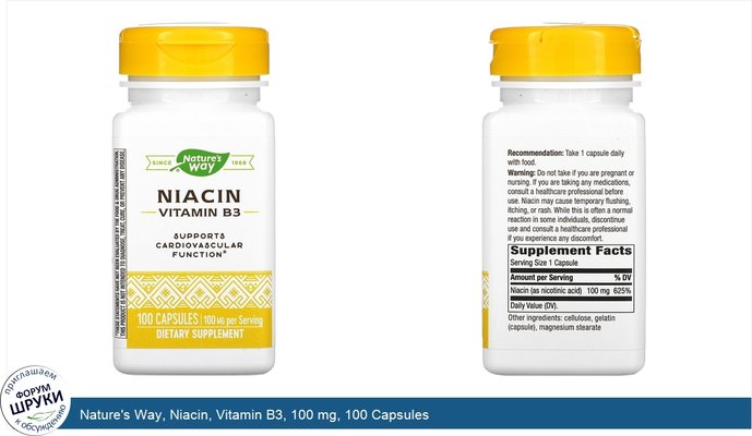 Nature\'s Way, Niacin, Vitamin B3, 100 mg, 100 Capsules