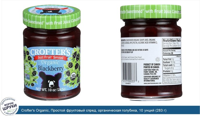 Crofter\'s Organic, Простой фруктовый спред, органическая голубика, 10 унций (283 г)