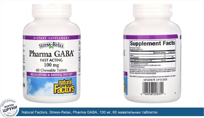 Natural Factors, Stress-Relax, Pharma GABA, 100 мг, 60 жевательных таблеток