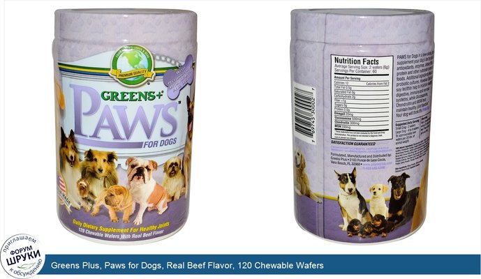 Greens Plus, Paws for Dogs, Real Beef Flavor, 120 Chewable Wafers
