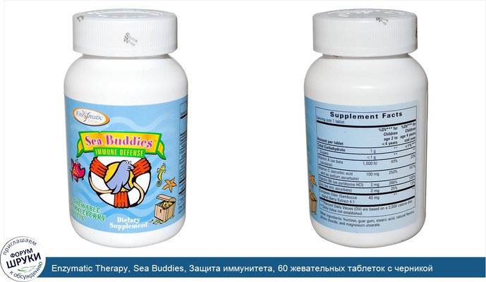 Enzymatic Therapy, Sea Buddies, Защита иммунитета, 60 жевательных таблеток с черникой