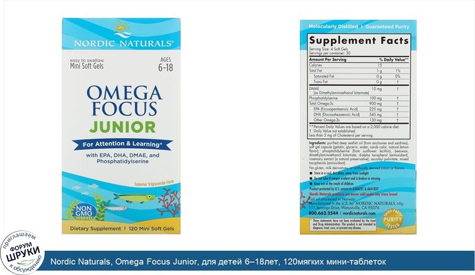 Nordic Naturals, Omega Focus Junior, для детей 6–18лет, 120мягких мини-таблеток