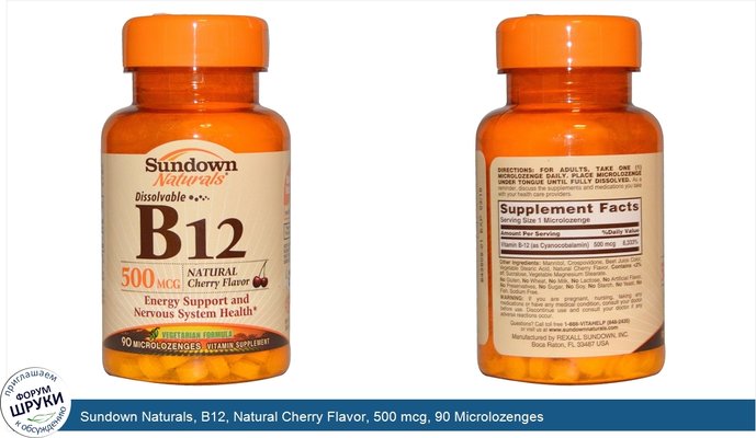 Sundown Naturals, B12, Natural Cherry Flavor, 500 mcg, 90 Microlozenges