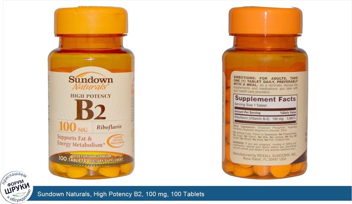 Sundown Naturals, High Potency B2, 100 mg, 100 Tablets
