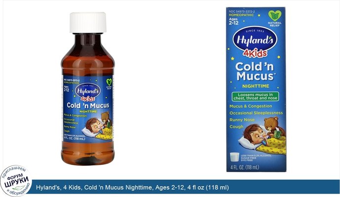 Hyland\'s, 4 Kids, Cold \'n Mucus Nighttime, Ages 2-12, 4 fl oz (118 ml)