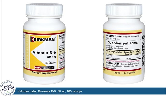 Kirkman Labs, Витамин B-6, 50 мг, 100 капсул