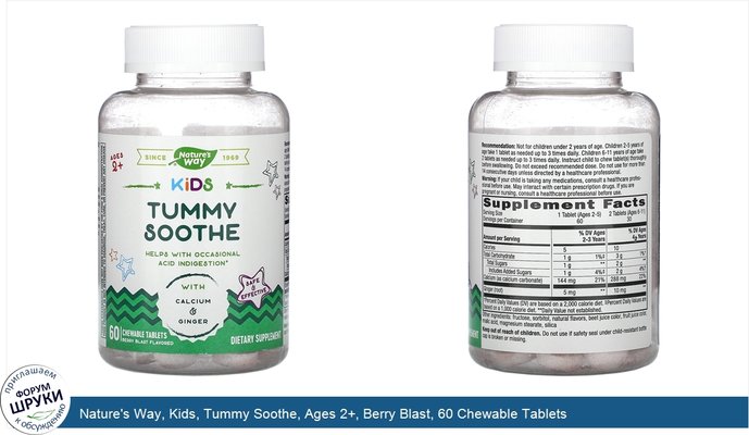 Nature\'s Way, Kids, Tummy Soothe, Ages 2+, Berry Blast, 60 Chewable Tablets
