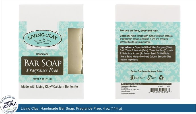Living Clay, Handmade Bar Soap, Fragrance Free, 4 oz (114 g)