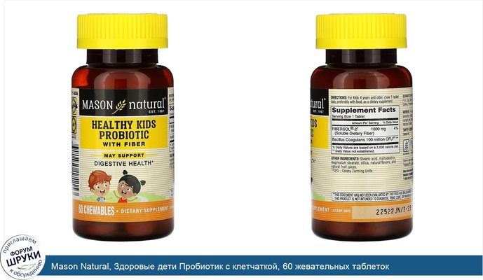 Mason Natural, Здоровые дети Пробиотик с клетчаткой, 60 жевательных таблеток