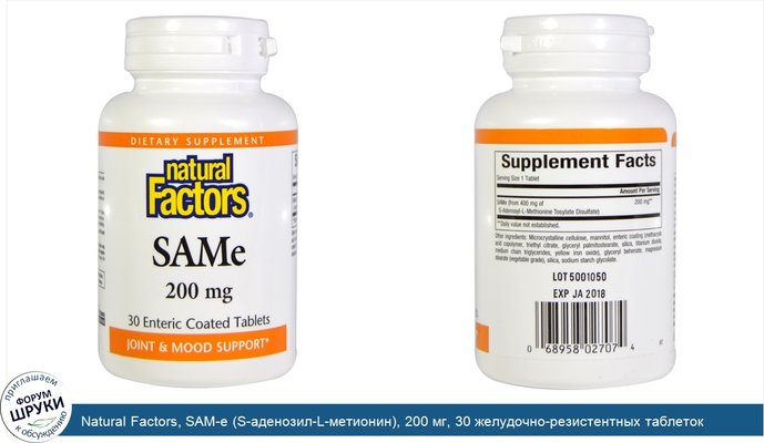Natural Factors, SAM-e (S-аденозил-L-метионин), 200 мг, 30 желудочно-резистентных таблеток