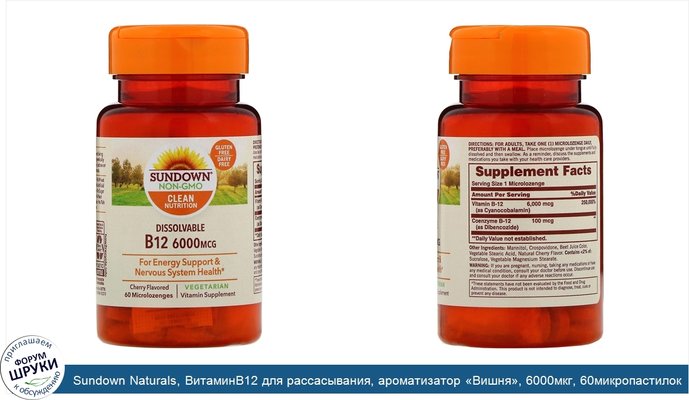 Sundown Naturals, ВитаминB12 для рассасывания, ароматизатор «Вишня», 6000мкг, 60микропастилок для рассасывания