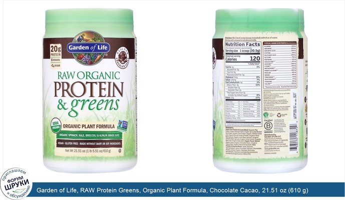 Garden of Life, RAW Protein Greens, Organic Plant Formula, Chocolate Cacao, 21.51 oz (610 g)