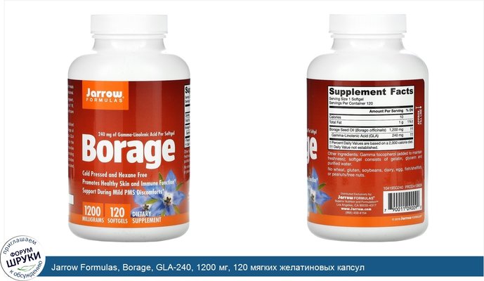 Jarrow Formulas, Borage, GLA-240, 1200 мг, 120 мягких желатиновых капсул