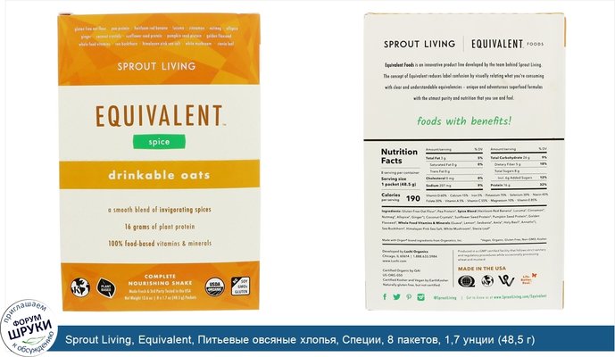 Sprout Living, Equivalent, Питьевые овсяные хлопья, Специи, 8 пакетов, 1,7 унции (48,5 г) каждый