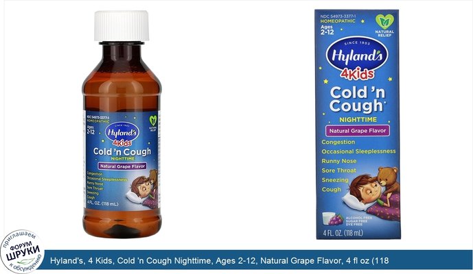 Hyland\'s, 4 Kids, Cold \'n Cough Nighttime, Ages 2-12, Natural Grape Flavor, 4 fl oz (118 ml)