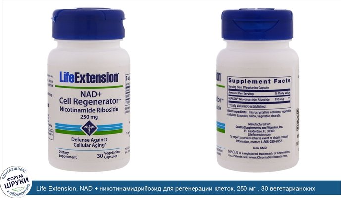 Life Extension, NAD + никотинамидрибозид для регенерации клеток, 250 мг , 30 вегетарианских капсул