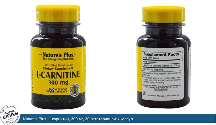 Nature\'s Plus, L-карнитин, 300 мг, 30 вегетарианских капсул