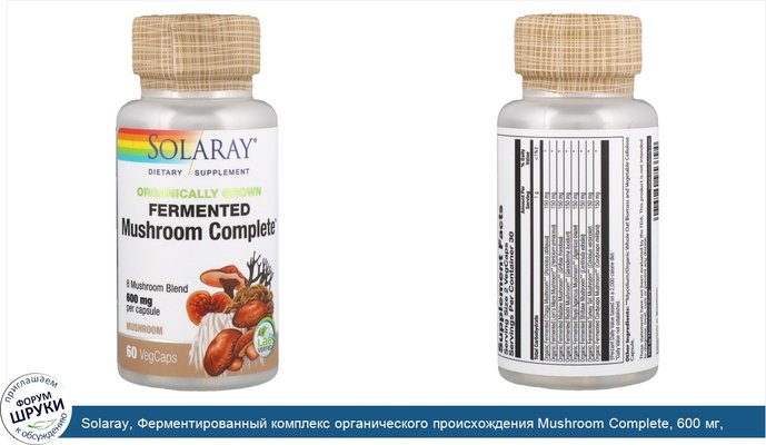 Solaray, Ферментированный комплекс органического происхождения Mushroom Complete, 600 мг, 60 капсул с растительной оболочкой