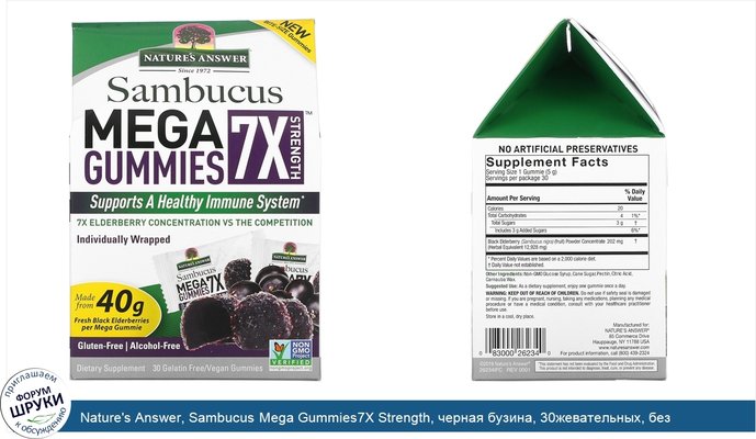 Nature\'s Answer, Sambucus Mega Gummies7X Strength, черная бузина, 30жевательных, без желатина, веганских конфет