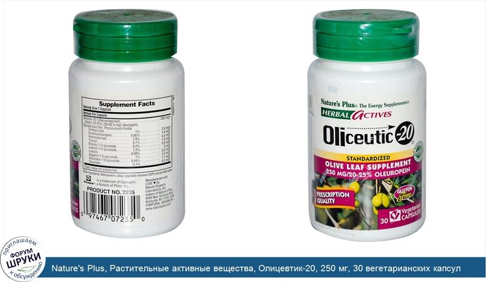 Nature\'s Plus, Растительные активные вещества, Олицевтик-20, 250 мг, 30 вегетарианских капсул
